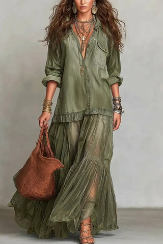 Boho Sheer Panel Maxi Shirt Dress