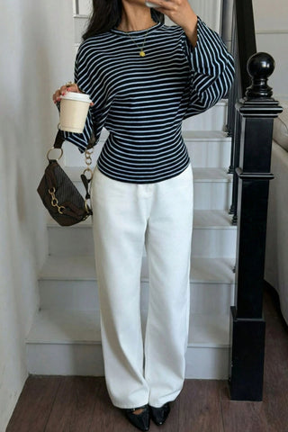 Striped Ribbed Knit Long Sleeve Top