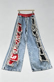 Distressed Side-Stripe Drawstring Straight Jeans