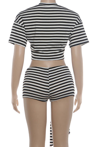 Striped Crew Neck Tie-Waist Short Set