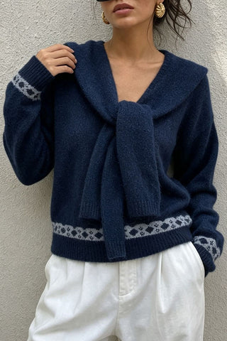 Tie-Neck Patterned Knit Sweater