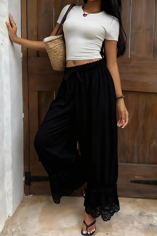 Lace-Trim Wide-Leg Casual Pants