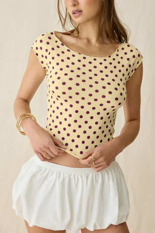 Polka Dot Cap Sleeve Boat Neck Crop Top