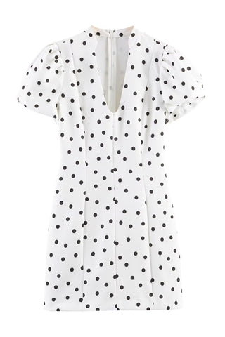 Polka Dot Puff Sleeve V-Neck Mini Dress