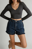 Ruffle-Hem High-Waist Denim Shorts