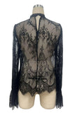 Sheer Floral Lace Mock Neck Bell Sleeve Blouse