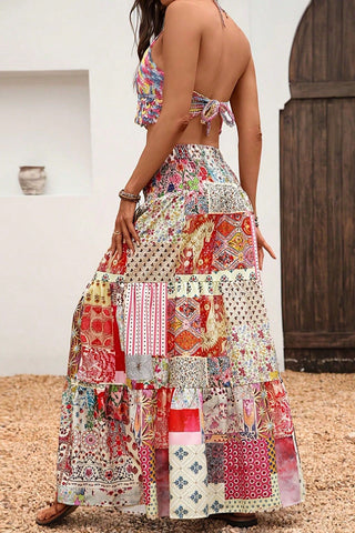Patchwork Tiered Floral Maxi Skirt