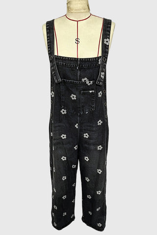 Floral Wide-Leg Denim Overalls