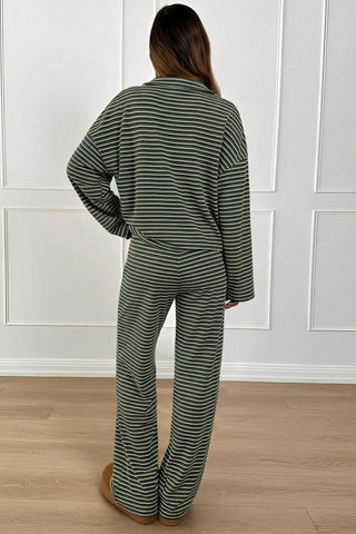 Striped Long Sleeve Collared Loungewear Set