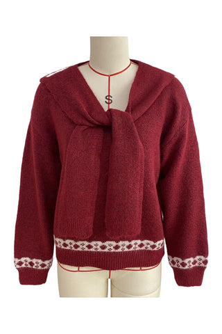 Tie-Neck Patterned Knit Sweater