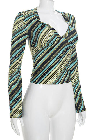 Striped V-Neck Wrap Bell Sleeve Blouse