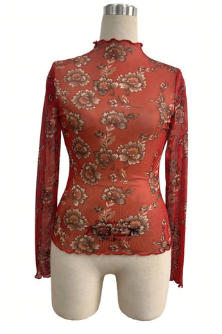 Sheer Floral Mock Neck Long Sleeve Blouse
