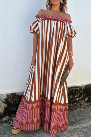 Off-Shoulder Puff Sleeve Striped Maxi Dress