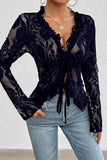 Sheer Floral Lace Ruffle V-Neck Blouse
