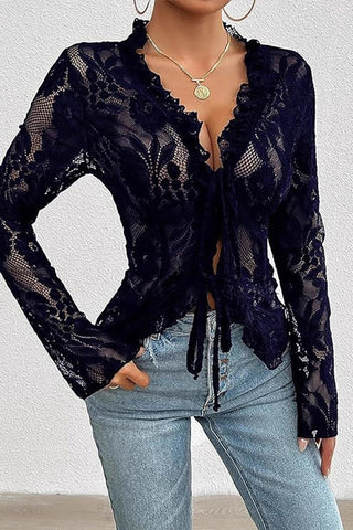 Sheer Floral Lace Ruffle V-Neck Blouse