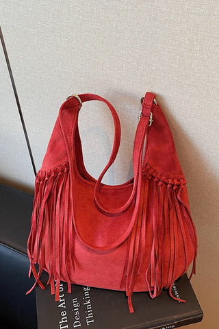 Fringe Detail Suede Hobo Bag
