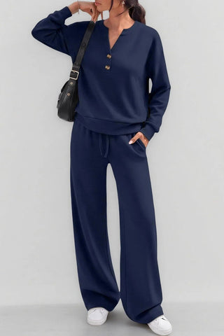 Button Placket Long Sleeve Wide-Leg Pants Set