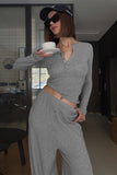 Ribbed Henley Crop Top and Balloon Pants Set