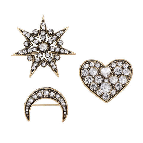 Crystal Star Moon Heart Brooch Set