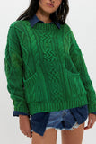 Cable Knit Crew Neck Sweater with Pockets