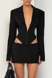 V-Neck Hook-Front Blazer Skirt Set