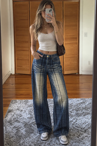 Plaid Fade Wide-Leg Straight Jeans