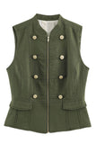 Military Button Zip Front Sleeveless Tank