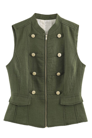 Military Button Zip Front Sleeveless Tank