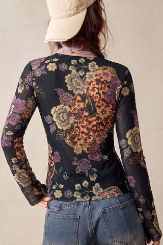 Sheer Floral Print Button-Front Blouse
