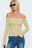 Off-Shoulder Lace Ruched Long Sleeve Top