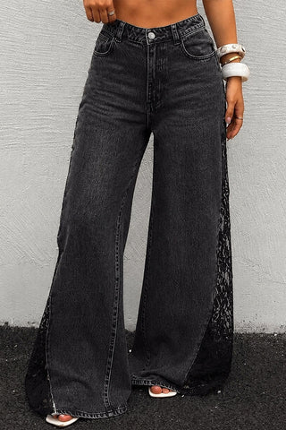 Sheer Floral Lace Side Wide Leg Jeans