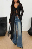 Sheer Lace Front Tie Bell Sleeve Blouse