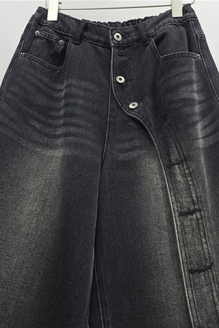 Asymmetric Button-Front Wide-Leg Baggy Jeans