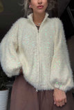 Sequin Zip-Up Fuzzy Knit Cardigan