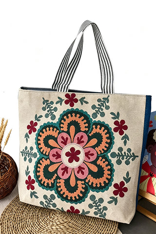 Floral Striped Handle Tote Bag