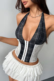 Plaid Halter Lace Corset Tank Top