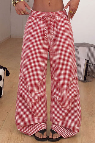 Plaid Drawstring Wide-Leg Casual Pants