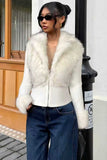 Faux Fur Collar Ribbed Zip-Up Jacket