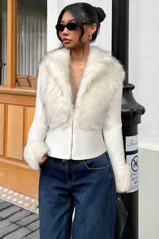 Faux Fur Collar Ribbed Zip-Up Jacket