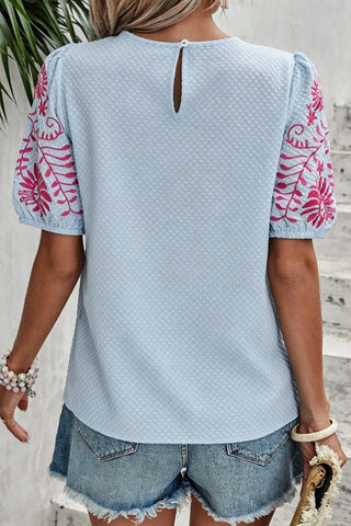 Patterned Puff-Sleeve Blouse