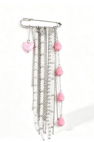 Heart Charm Tassel Safety Pin Brooch