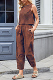 Sleeveless Plaid High-Waist Pants Set