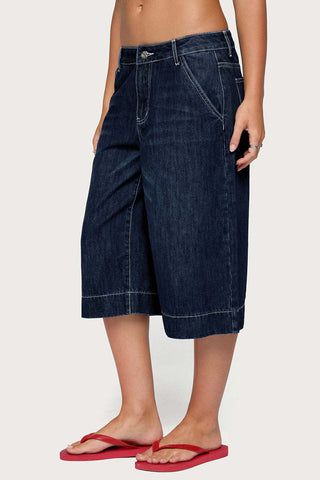 Wide-Leg Contrast Stitch Capri Jeans