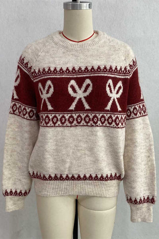Bow Motif Fair Isle Crew Neck Sweater