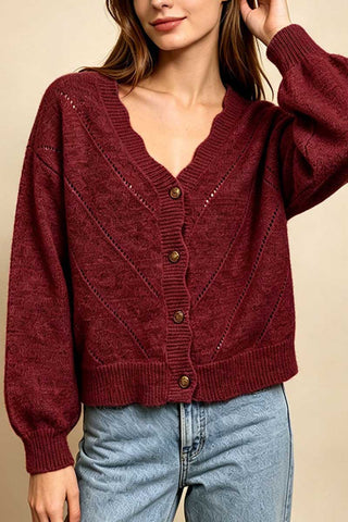 V-Neck Pointelle Knit Button-Front Cardigan