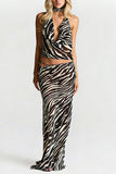 Zebra Halter Cutout Maxi Skirt Set