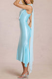 One-Shoulder Tie Neck Satin Midi Dress