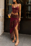 Fringe Halter Top and Skirt Set