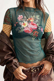Sheer Mesh Floral Patchwork Mock Neck Top