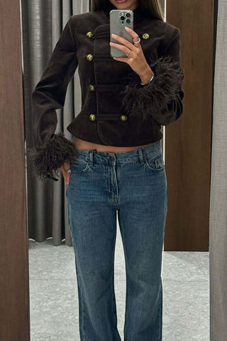 Velvet Military Button Mock Neck Coat